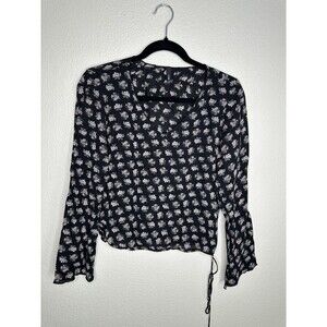 J Crew Shirt Womens XS Black Floral Long Sleeve Blouse Tie Waist Lightweight